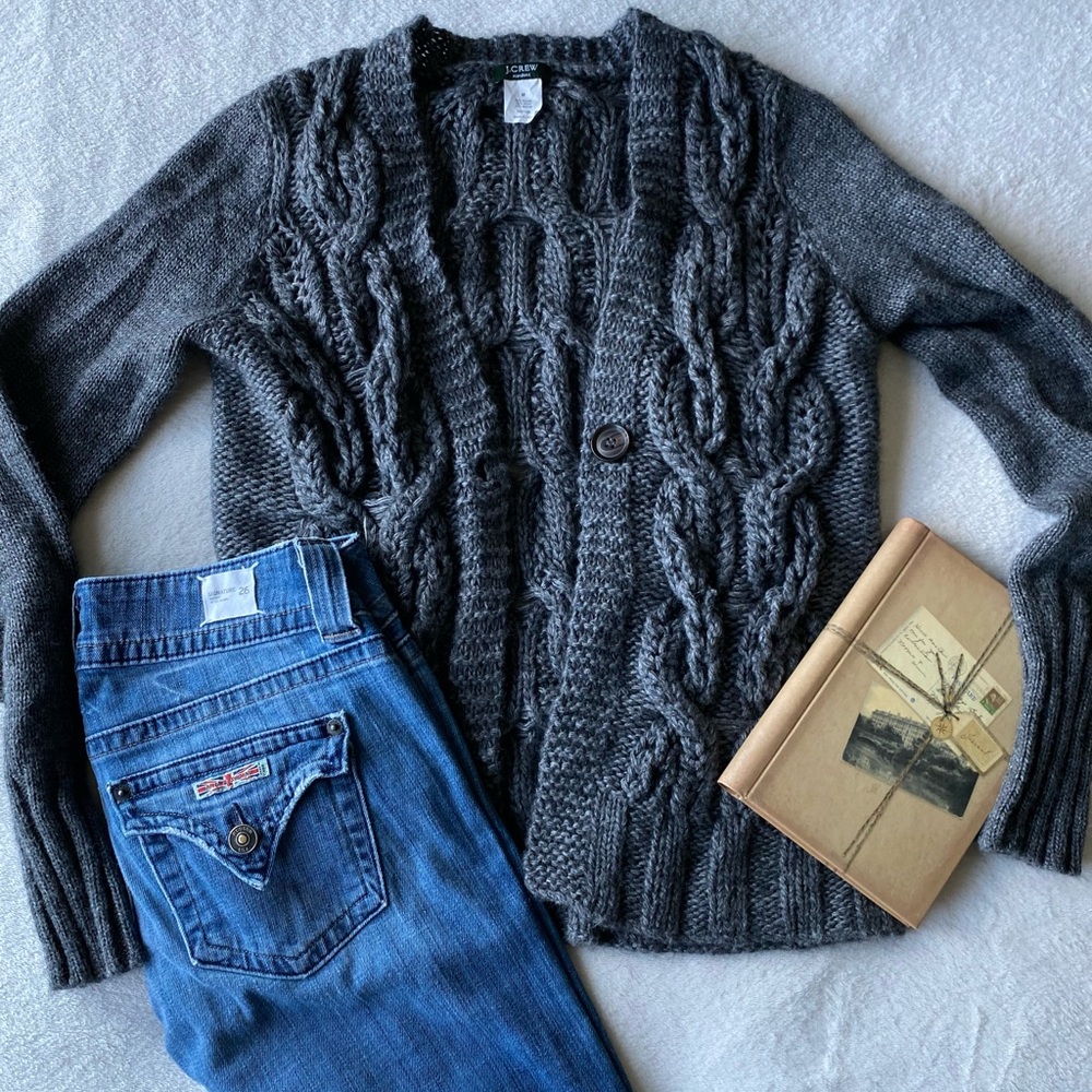 J Crew Handknit Women's Gray Wool Mohair Blend Cardigan 1 Button Sweater Med - Picture 5 of 11